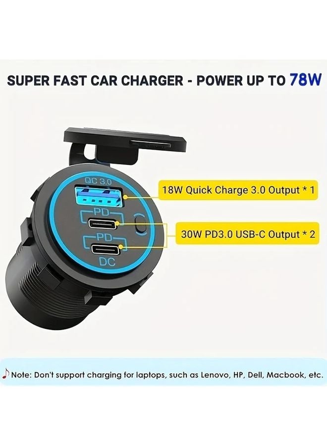 Blue Dual Port 30W PD USB C 18W QC3 0 Car Charger With On Off Switch - Image 1